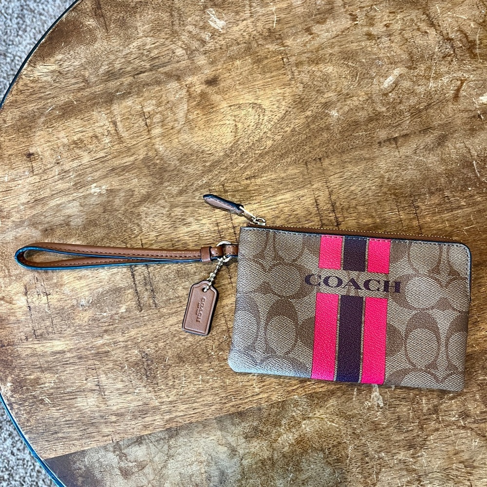 Coach Brown Wristlet with Pink and Purple Stripes